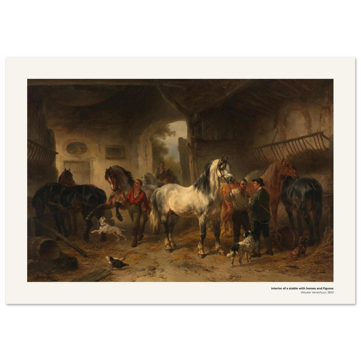 Intérieur d'écurie avec chevaux et personnages – Wouter Verschuur, reproduction d'art