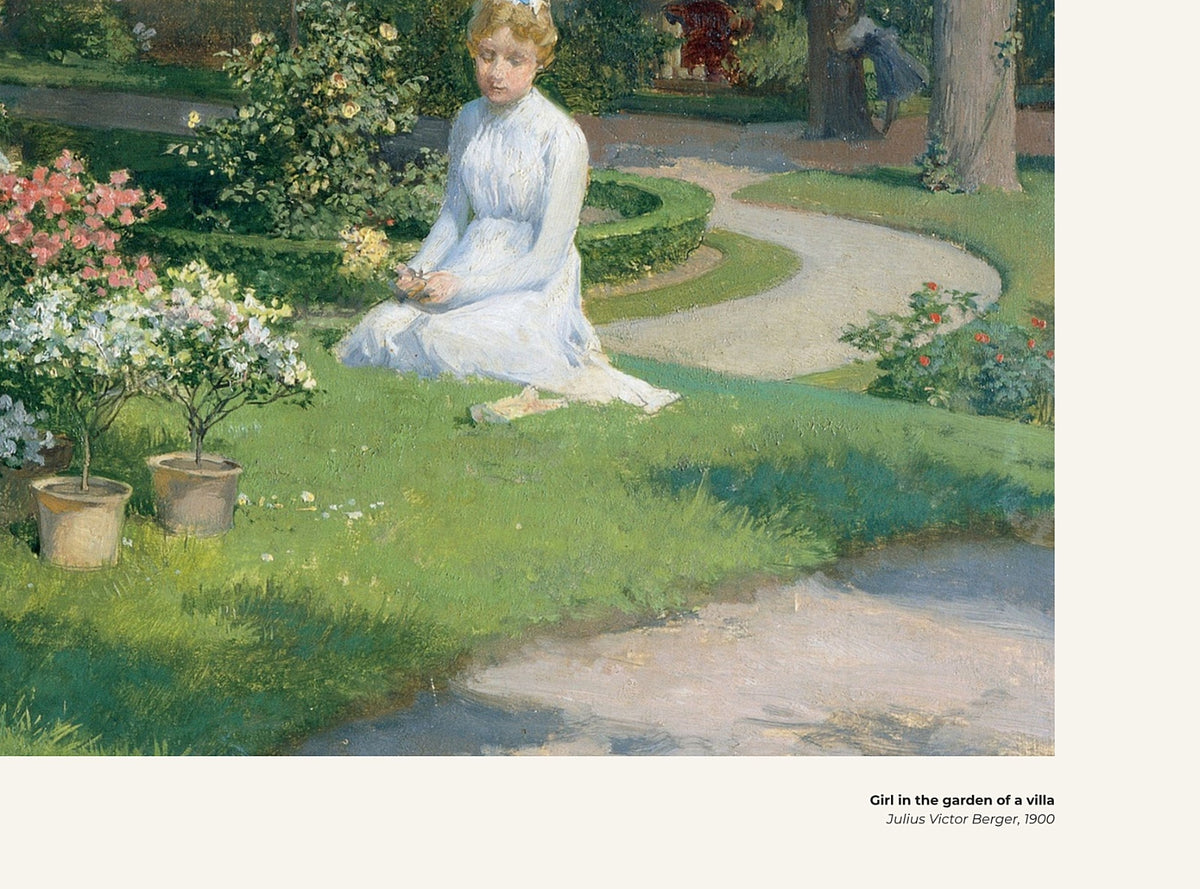 Jeune fille dans le jardin d'une villa – Julius Victor Berger, avec légende titre et artiste