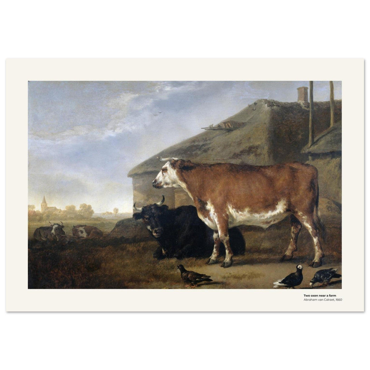 Deux bœufs près d'une ferme – Abraham van Calraet, reproduction d'art