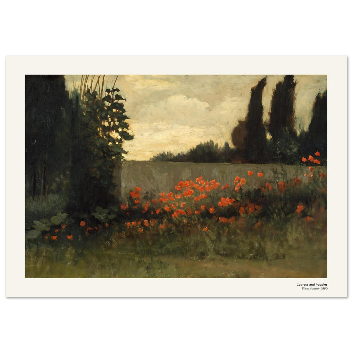 Cyprès et coquelicots – Elihu Vedder, détail de la reproduction