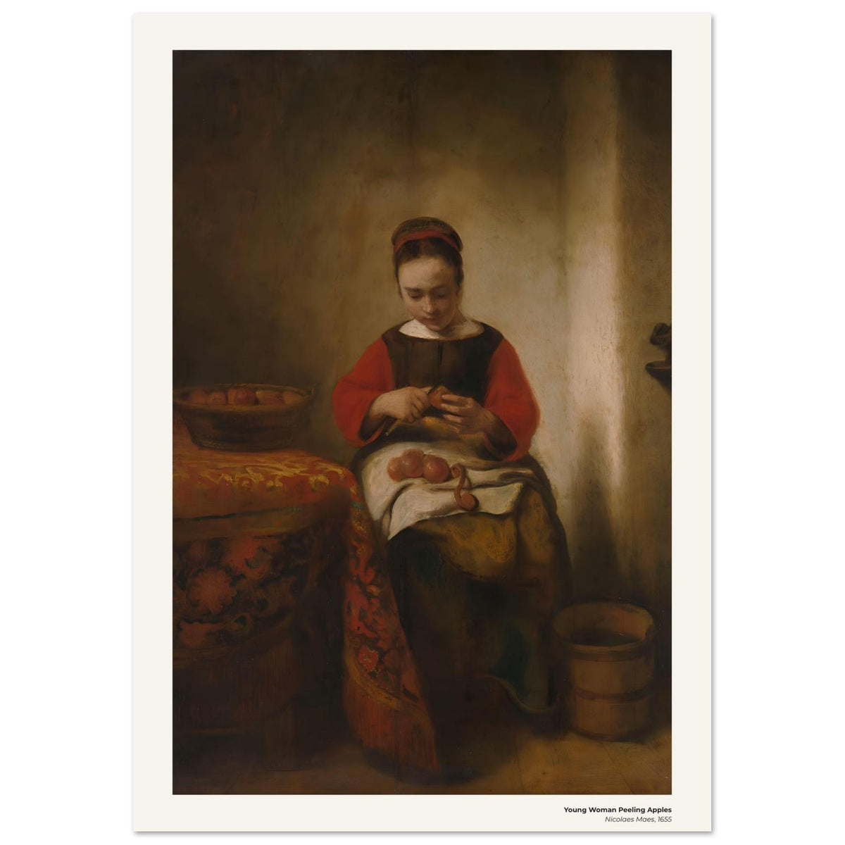 Jeune femme épluchant des pommes – Nicolaes Maes, détail de la reproduction