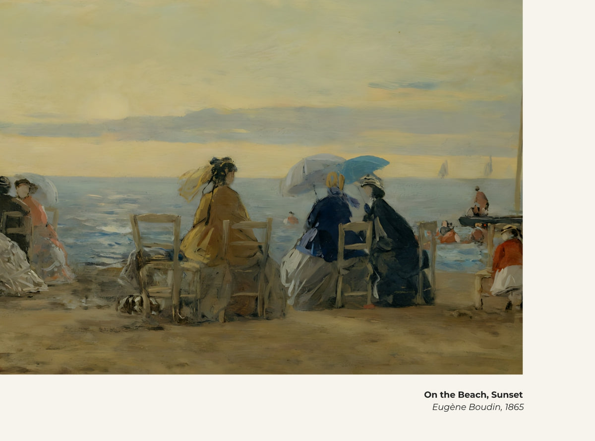 Sur la plage, au coucher du soleil – Eugène Boudin, avec légende titre et artiste