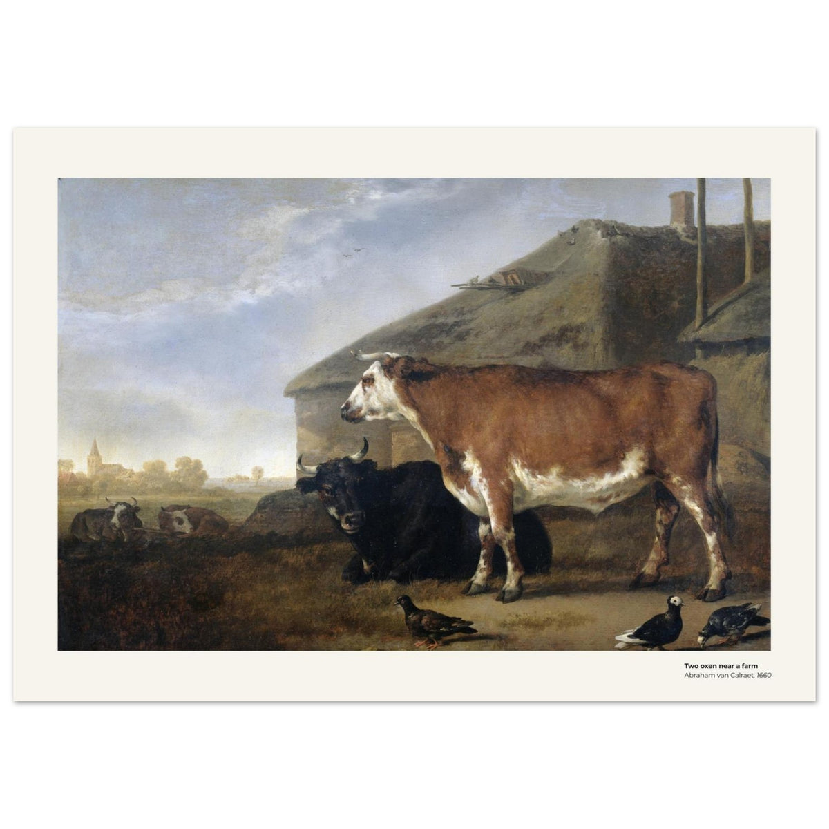 Deux bœufs près d'une ferme – Abraham van Calraet, détail de la reproduction