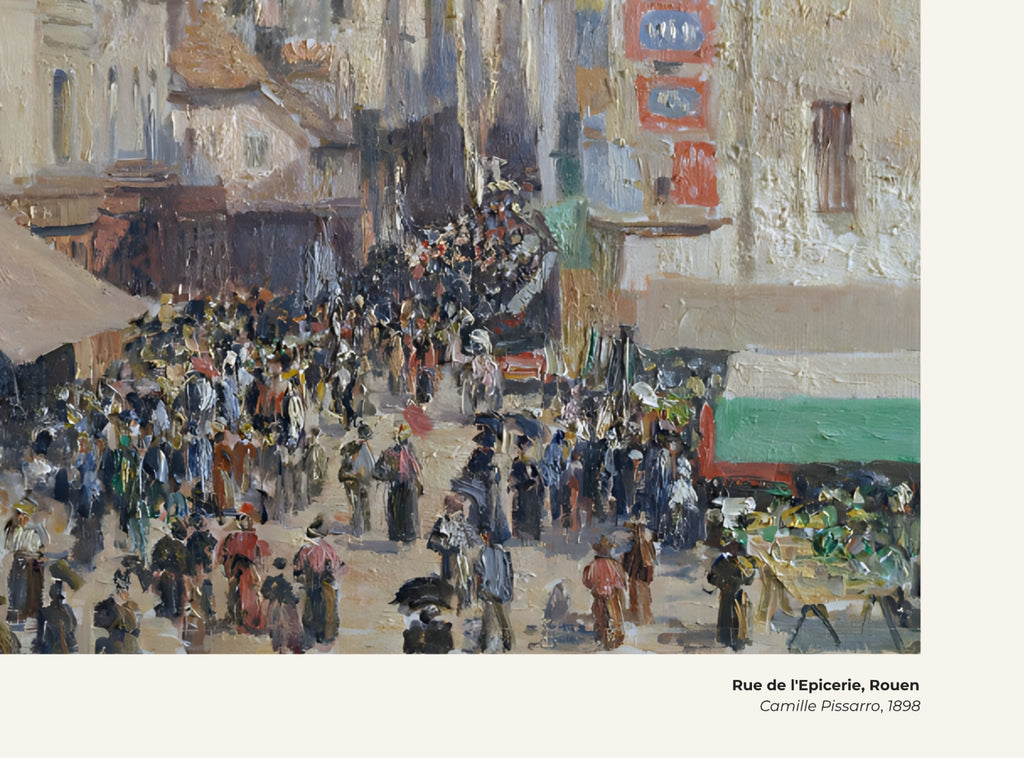 Rue de l'Epicerie, Rouen – Camille Pissarro, avec légende titre et artiste