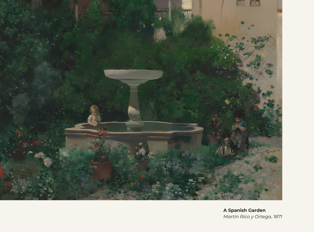 Un jardin espagnol – Martín Rico y Ortega, avec légende titre et artiste