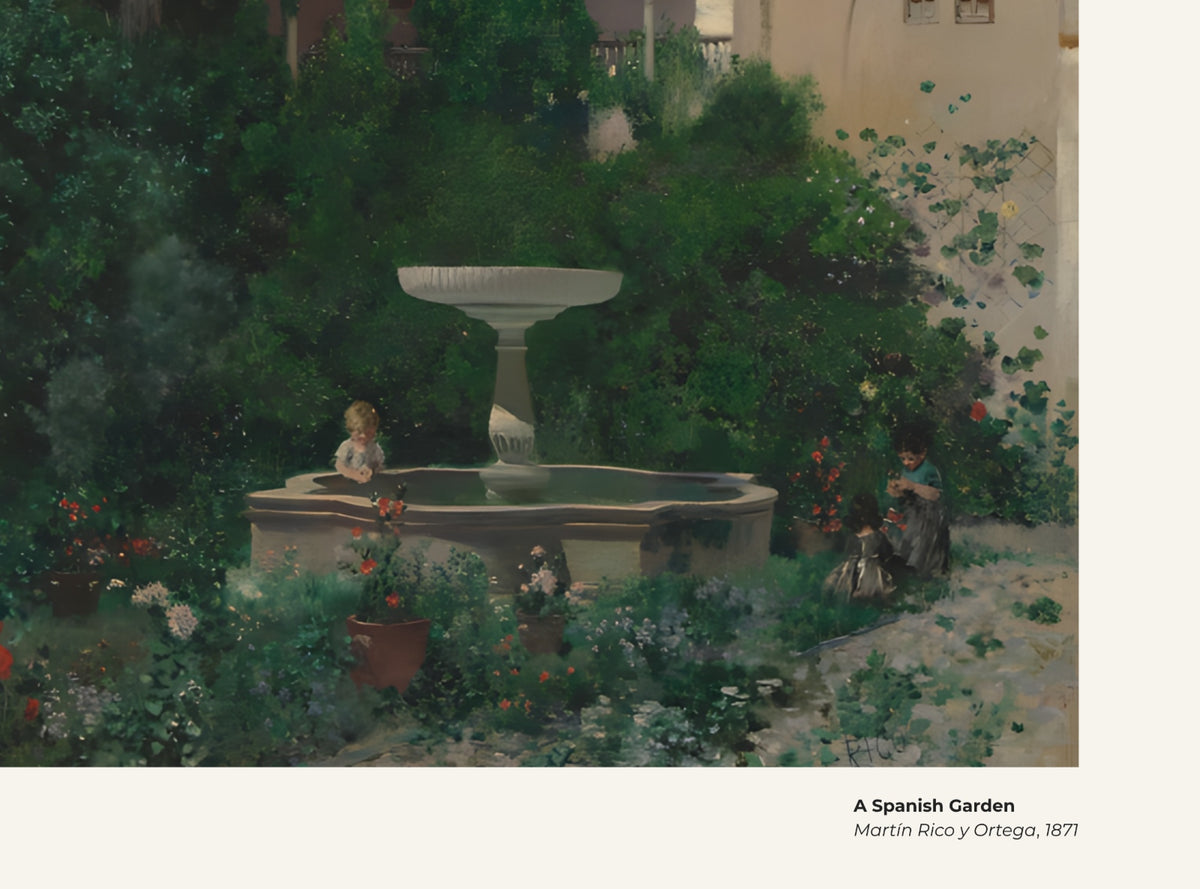 Un jardin espagnol – Martín Rico y Ortega, avec légende titre et artiste