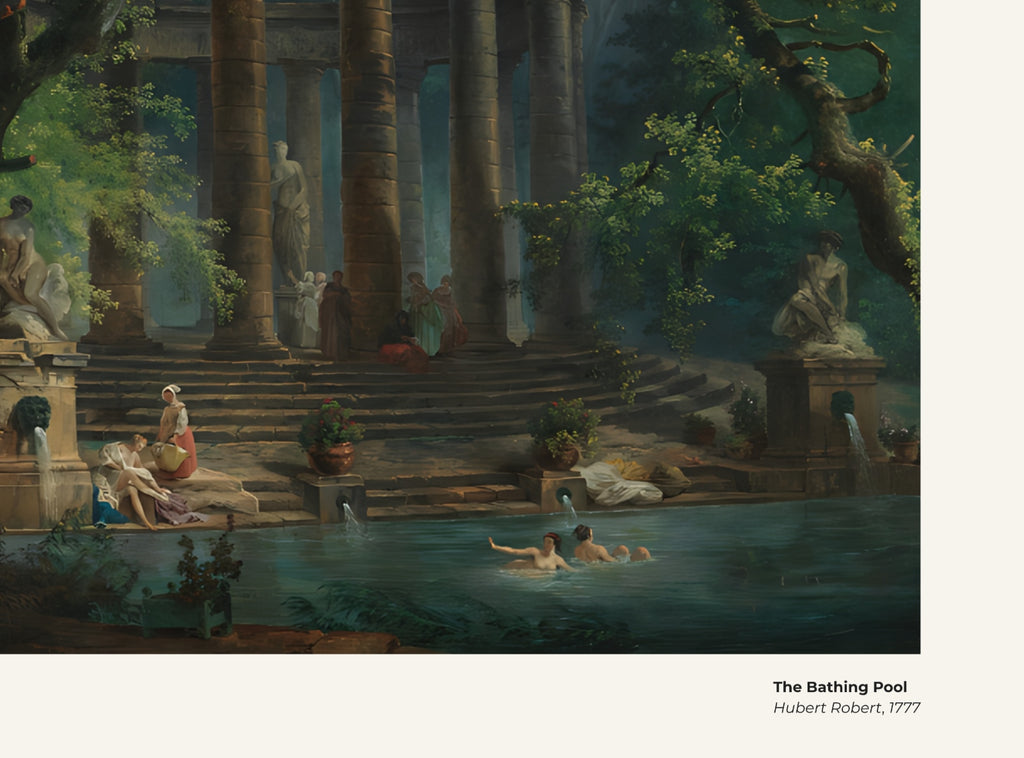 Le bassin de baignade – Hubert Robert, avec légende titre et artiste
