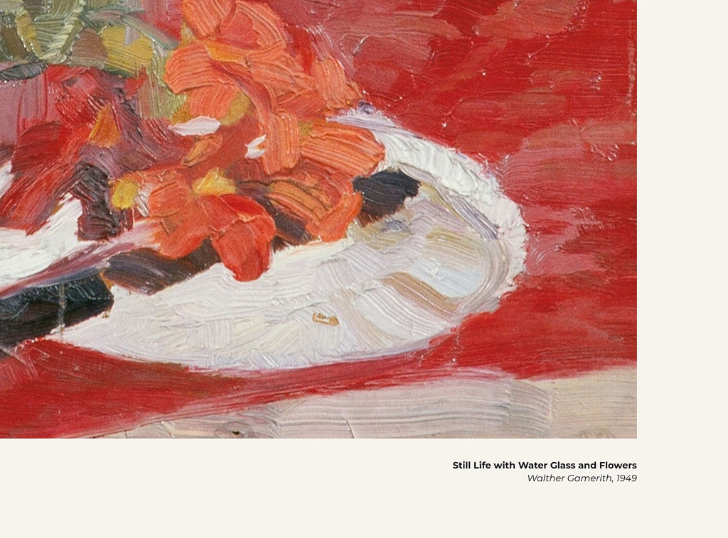 Nature morte au verre d'eau et aux fleurs – Walther Gamerith, avec légende titre et artiste