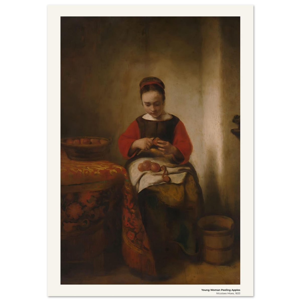 Jeune femme épluchant des pommes – Nicolaes Maes, détail de la reproduction