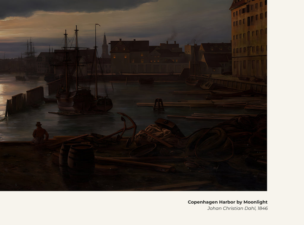 Le port de Copenhague au clair de lune – Johan Christian Dahl, avec légende titre et artiste