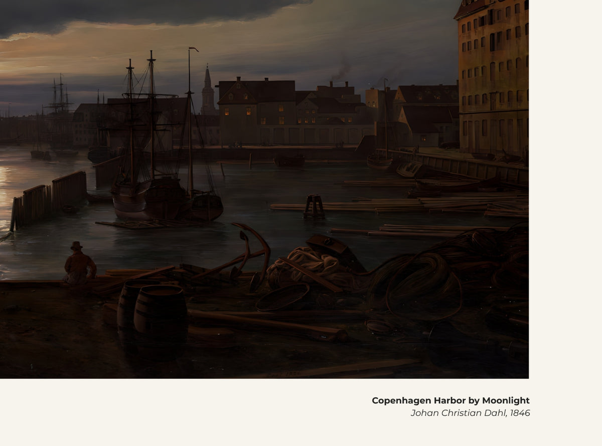 Le port de Copenhague au clair de lune – Johan Christian Dahl, avec légende titre et artiste