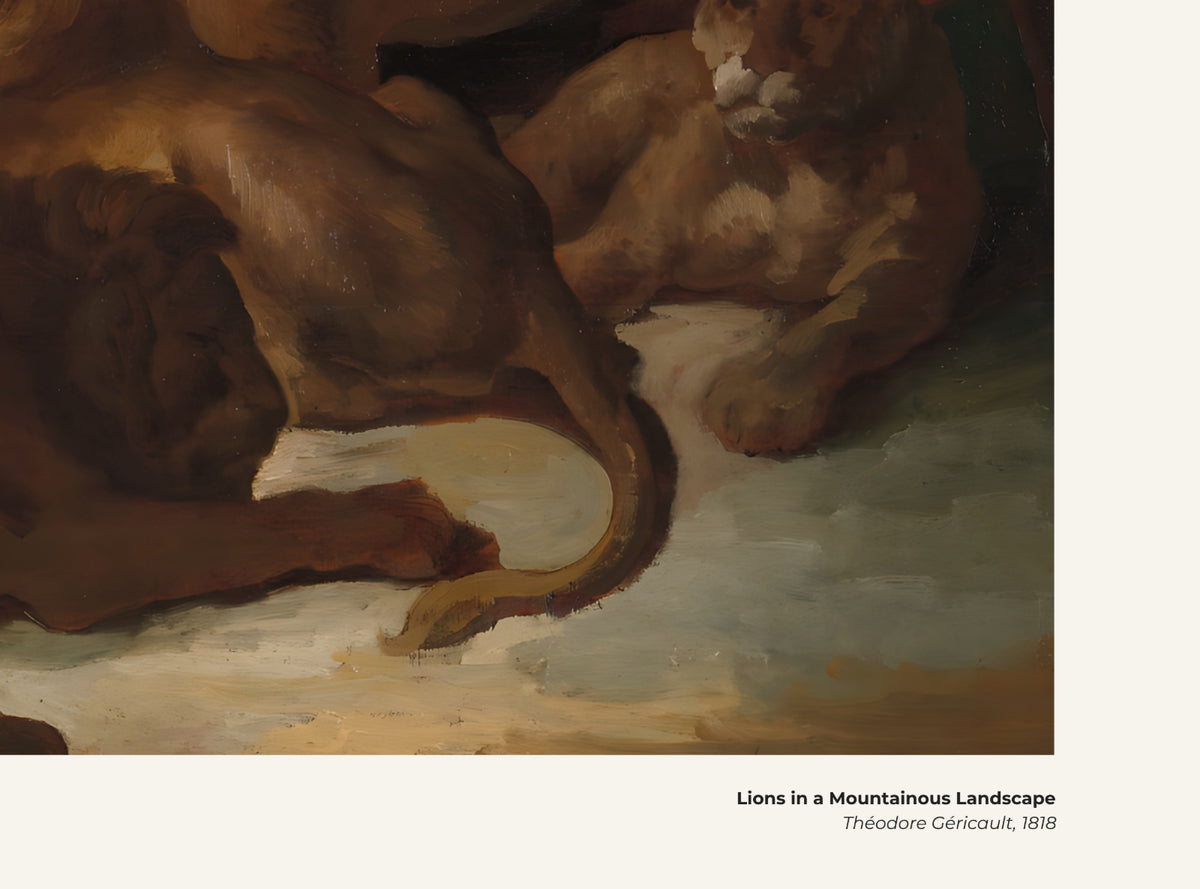 Lions dans un paysage montagneux – Théodore Géricault, avec légende titre et artiste