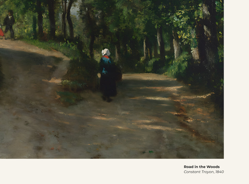 Route dans les bois – Constant Troyon, avec légende titre et artiste
