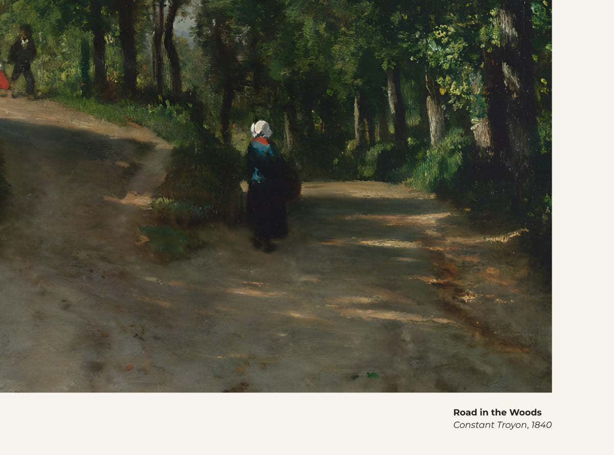Route dans les bois – Constant Troyon, avec légende titre et artiste