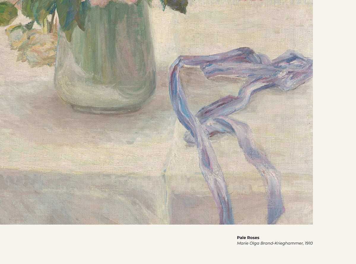 Roses pâles – Marie Olga Brand-Krieghammer, avec légende titre et artiste