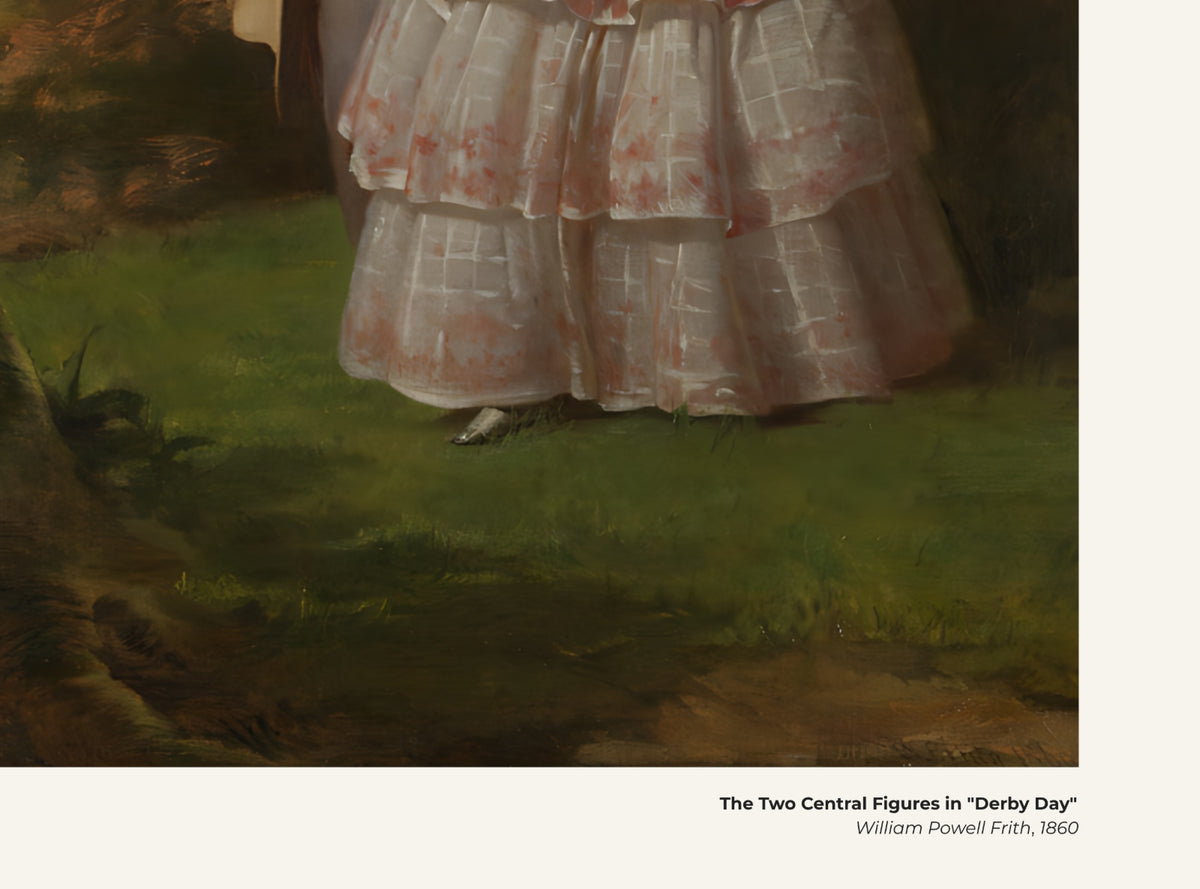 Les deux figures centrales de "Derby Day" – William Powell Frith, avec légende titre et artiste