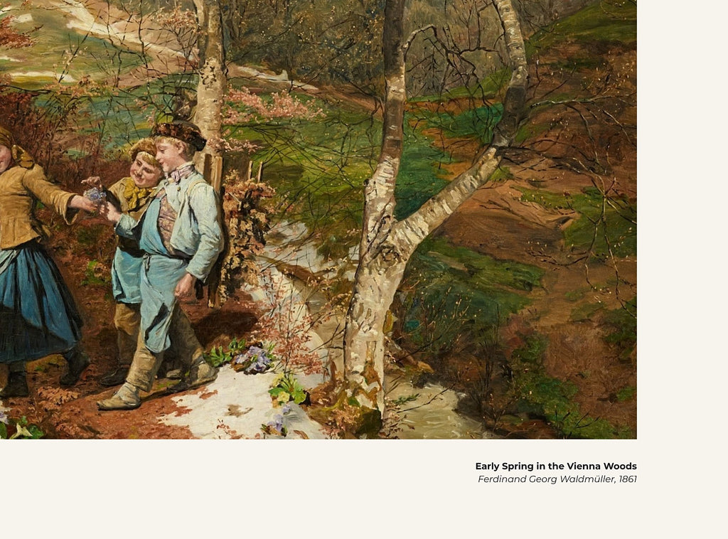Début de printemps dans la forêt viennoise – Ferdinand Georg Waldmüller, avec légende titre et artiste