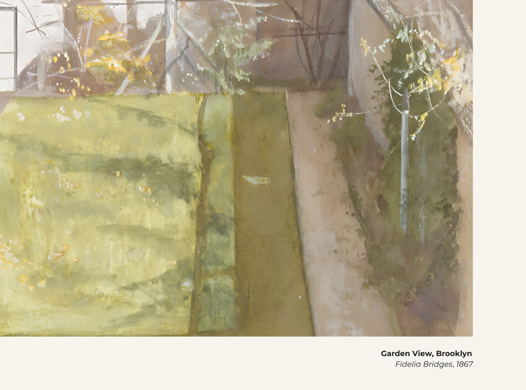 Vue sur le jardin, Brooklyn – Fidelia Bridges, avec légende titre et artiste