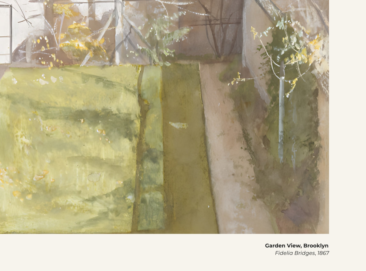 Vue sur le jardin, Brooklyn – Fidelia Bridges, avec légende titre et artiste
