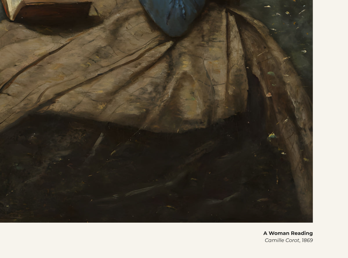 Une femme lisant – Camille Corot, avec légende titre et artiste
