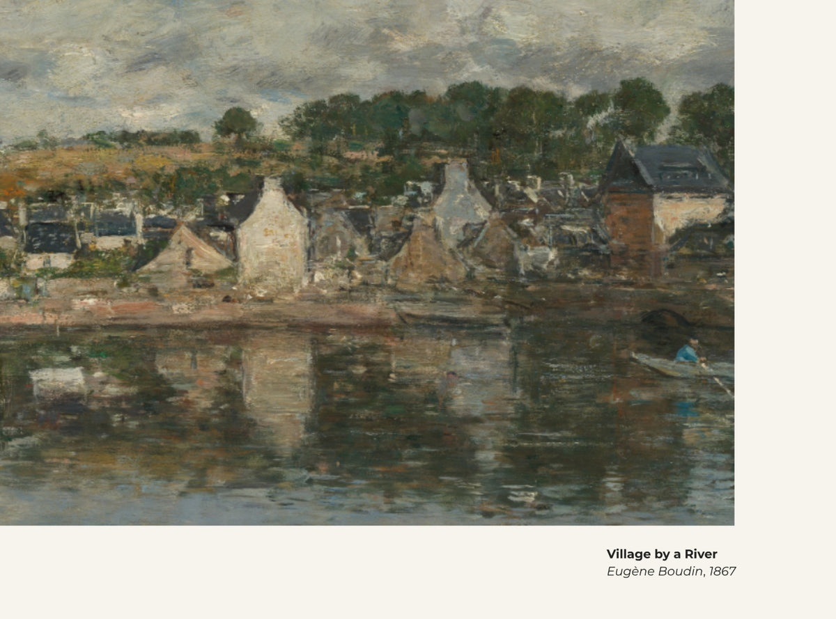 Village au bord d'une rivière – Eugène Boudin, avec légende titre et artiste
