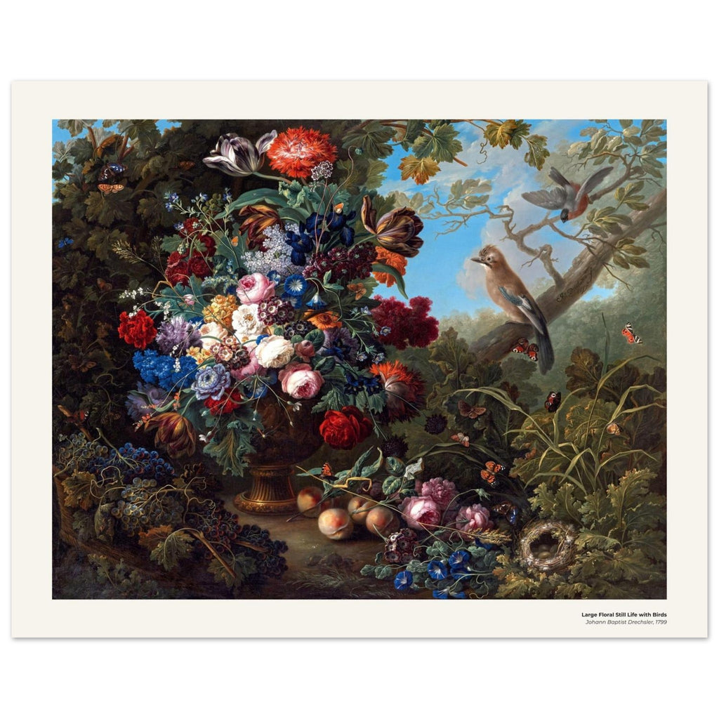 Grande nature morte aux fleurs et aux oiseaux – Johann Baptist Drechsler, reproduction d'art