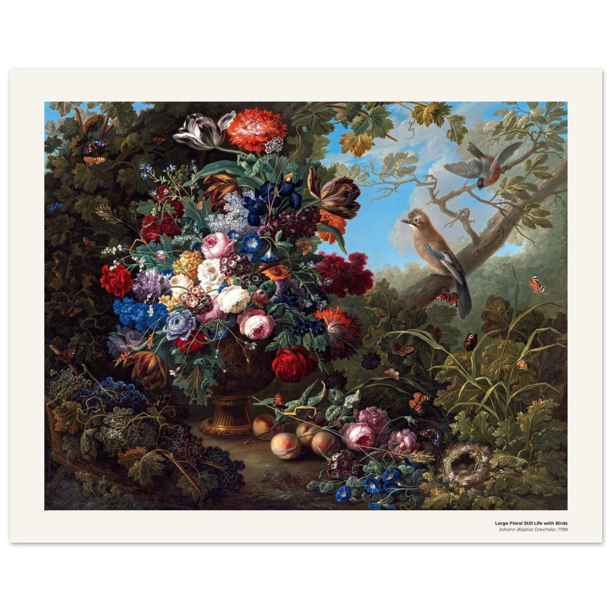 Grande nature morte aux fleurs et aux oiseaux – Johann Baptist Drechsler, reproduction d'art