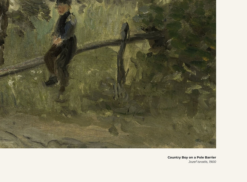 Jeune paysan sur une barrière de bois – Jozef Israëls, avec légende titre et artiste
