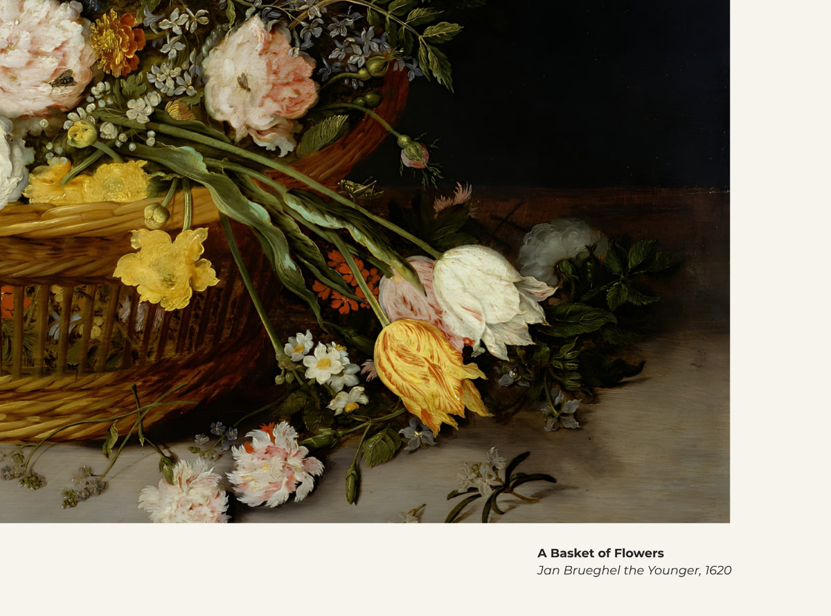 Un panier de fleurs – Jan Brueghel le Jeune, avec légende titre et artiste