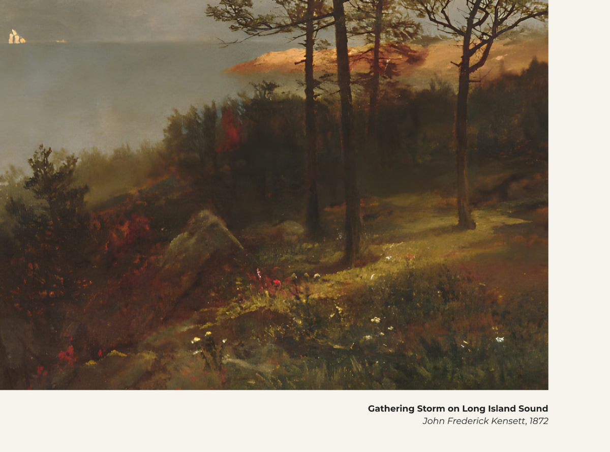 L'orage qui monte sur le détroit de Long Island – John Frederick Kensett, avec légende titre et artiste