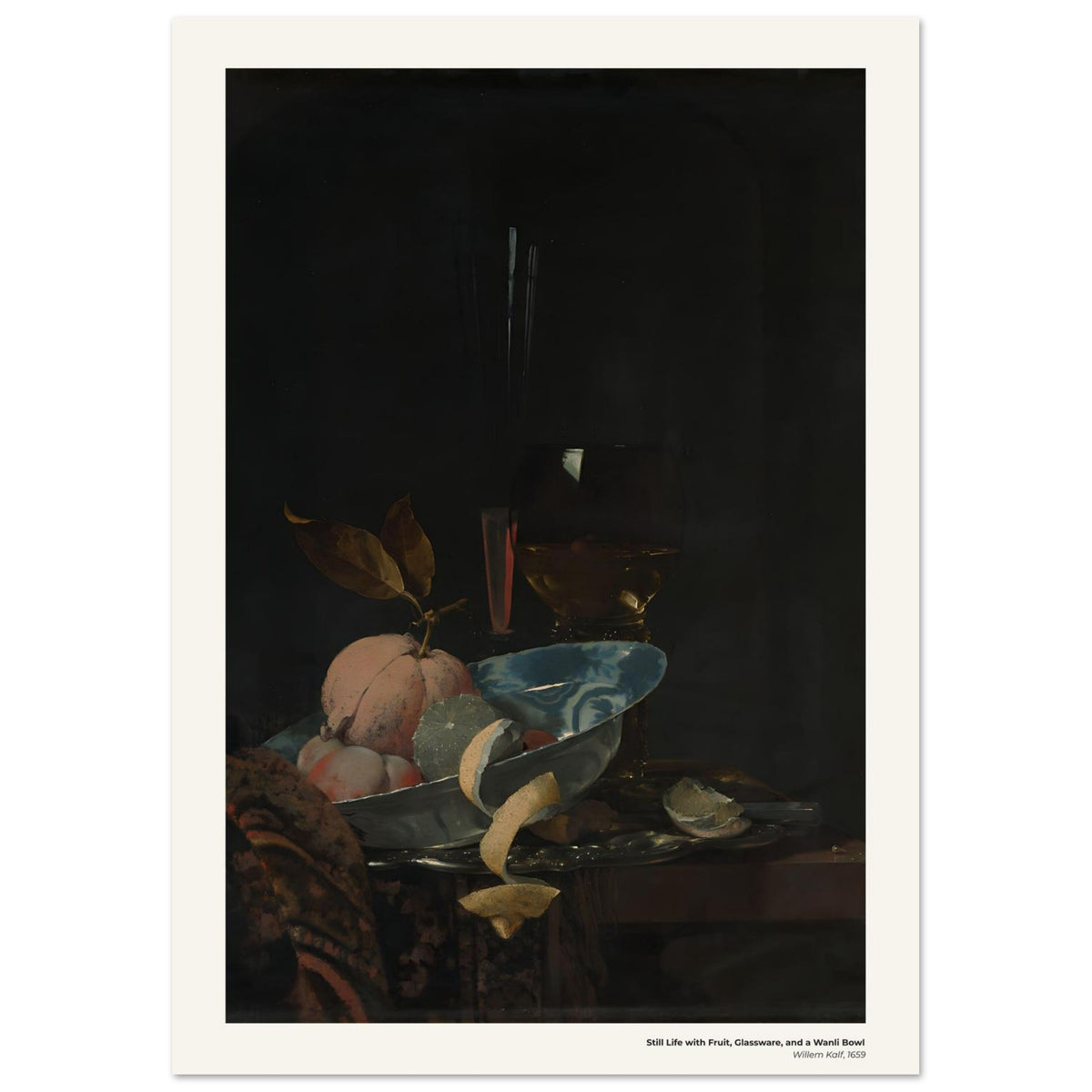 Nature morte aux fruits, à la verrerie et au bol Wanli – Willem Kalf, détail de la reproduction