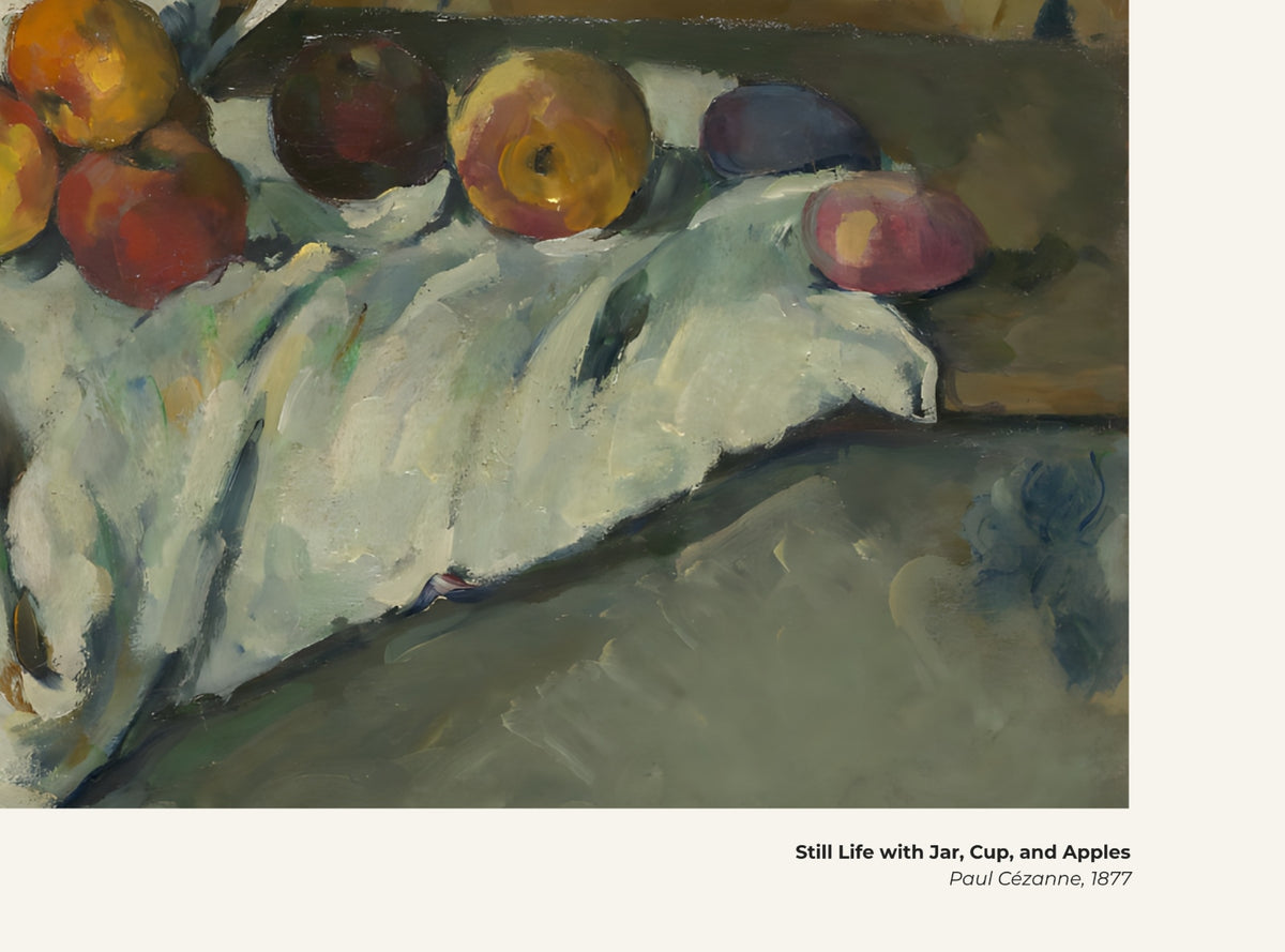 Nature morte au pot, à la tasse et aux pommes – Paul Cézanne, avec légende titre et artiste