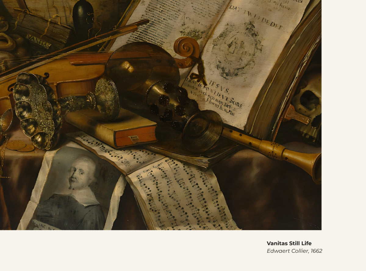 Nature morte de type vanité – Edwaert Collier, avec légende titre et artiste