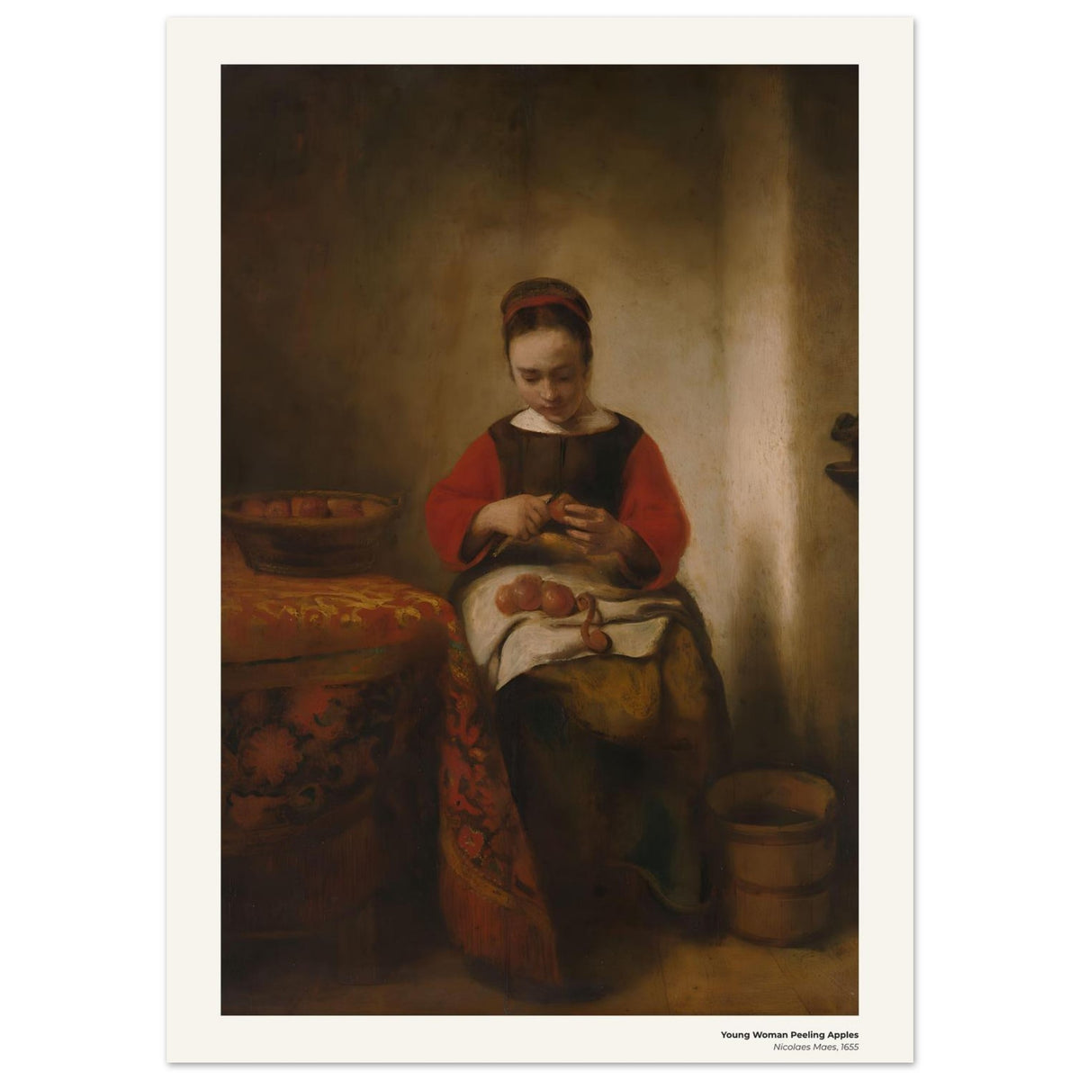Jeune femme épluchant des pommes – Nicolaes Maes, détail de la reproduction