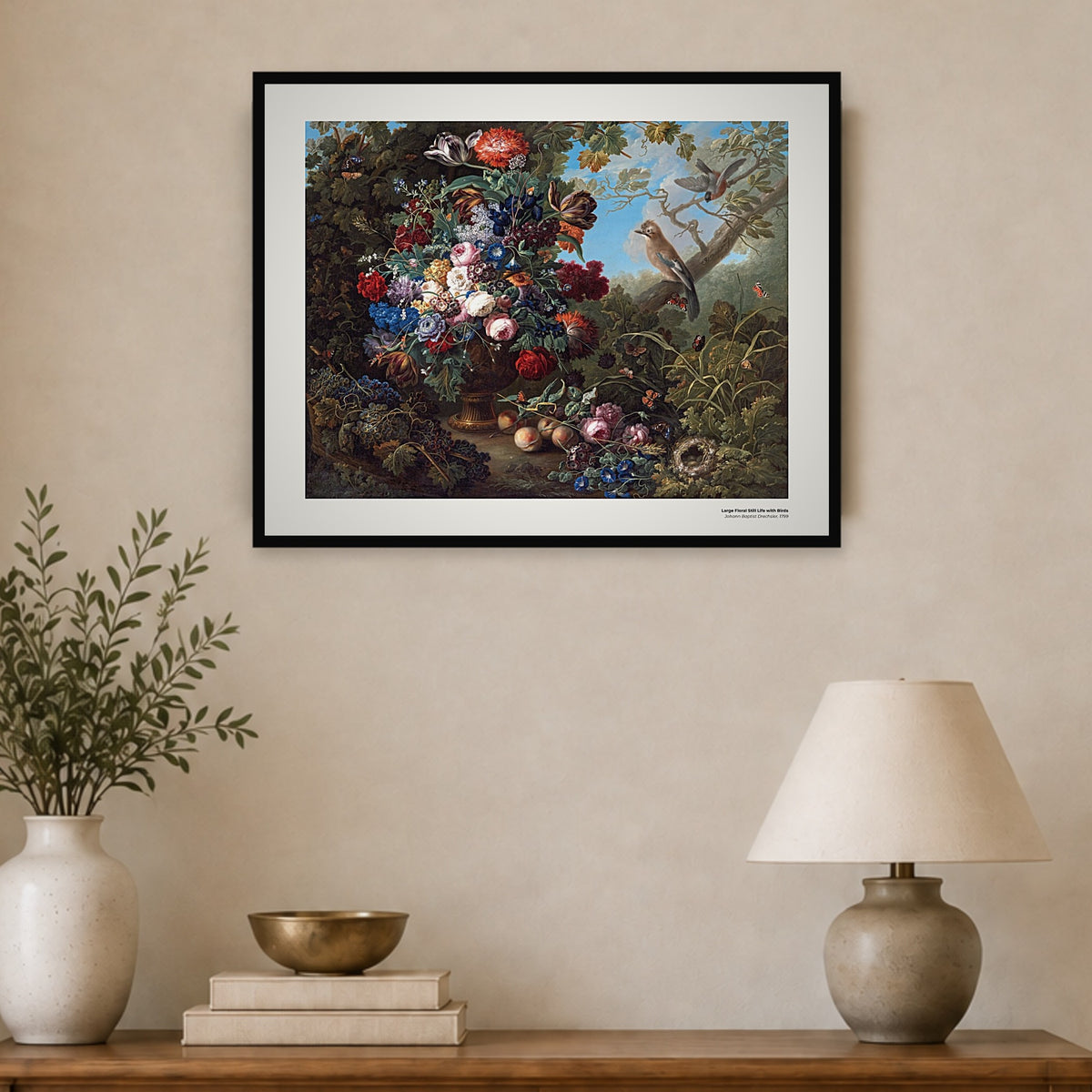 Grande nature morte aux fleurs et aux oiseaux – Johann Baptist Drechsler, aperçu encadré en situation