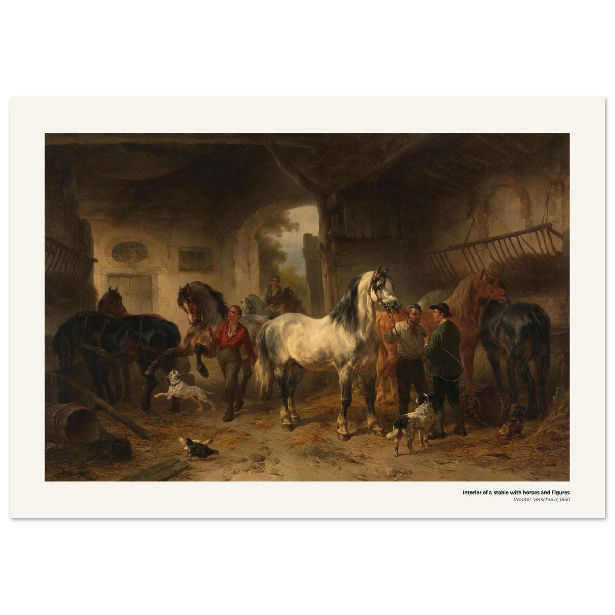 Intérieur d'écurie avec chevaux et personnages – Wouter Verschuur, détail de la reproduction