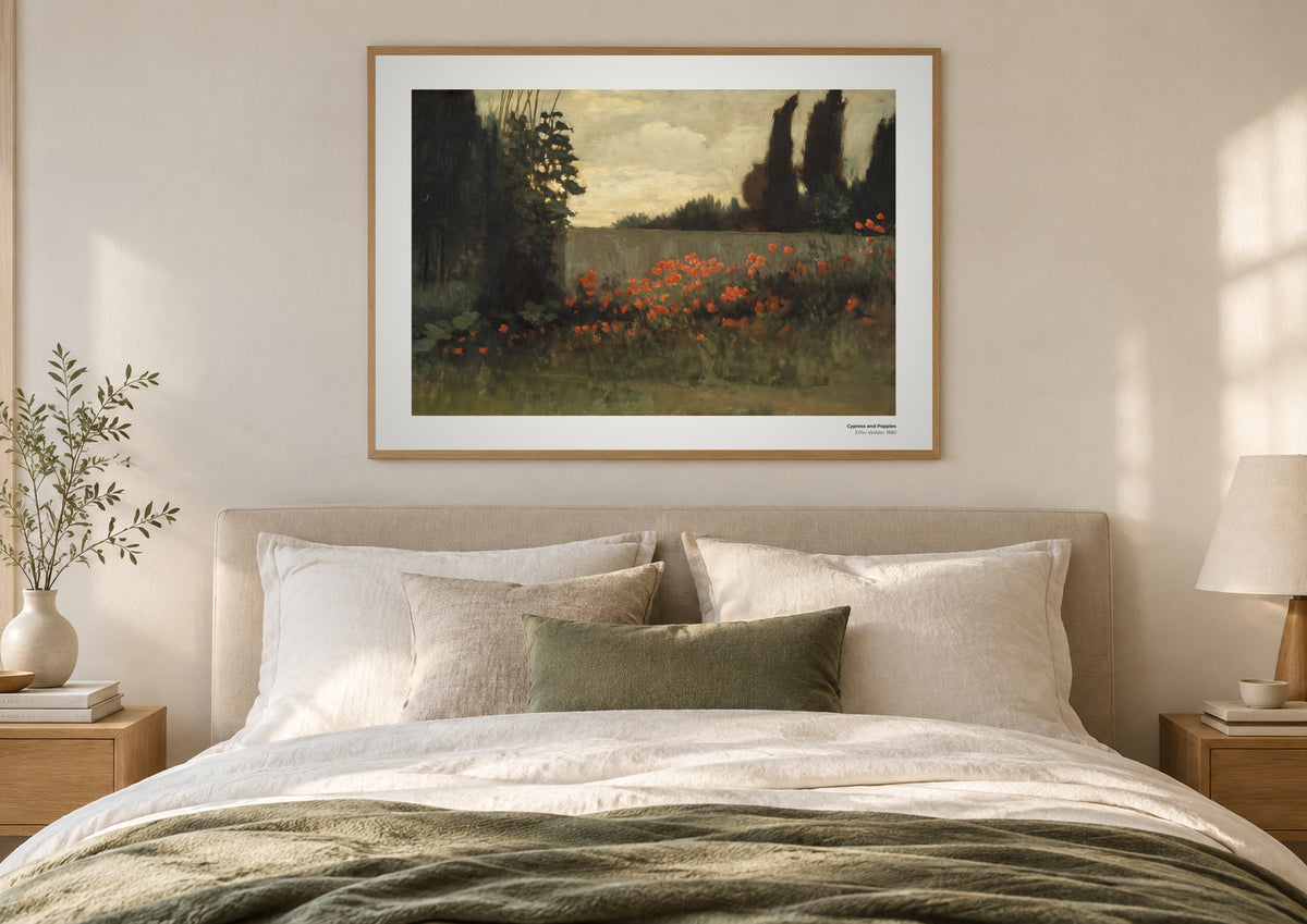 Cyprès et coquelicots – Elihu Vedder, aperçu encadré en situation
