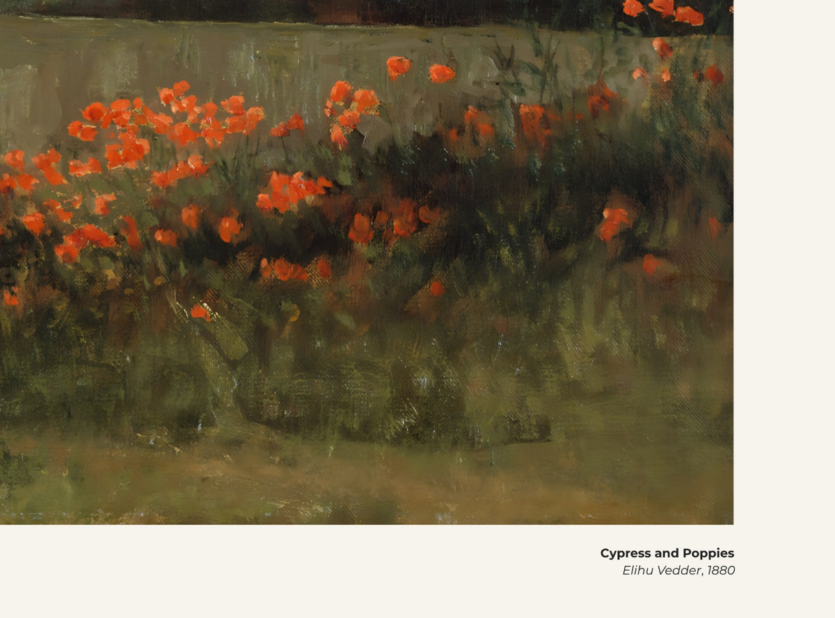 Cyprès et coquelicots – Elihu Vedder, avec légende titre et artiste