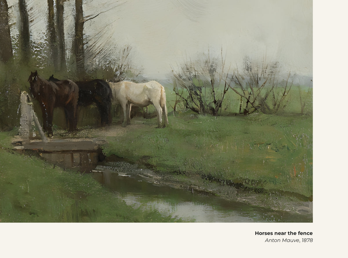 Chevaux près de la clôture – Anton Mauve, avec légende titre et artiste