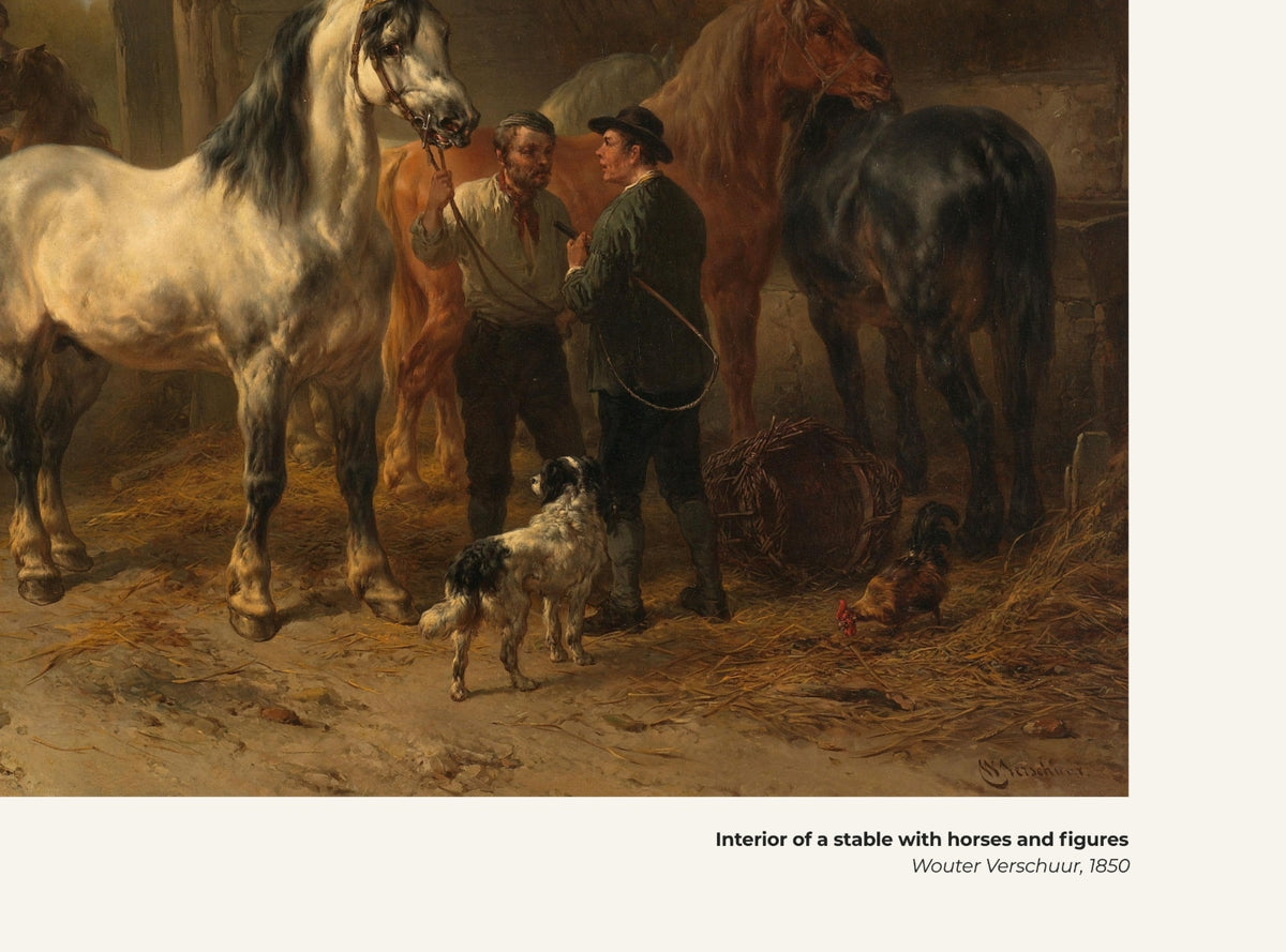 Intérieur d'écurie avec chevaux et personnages – Wouter Verschuur, avec légende titre et artiste