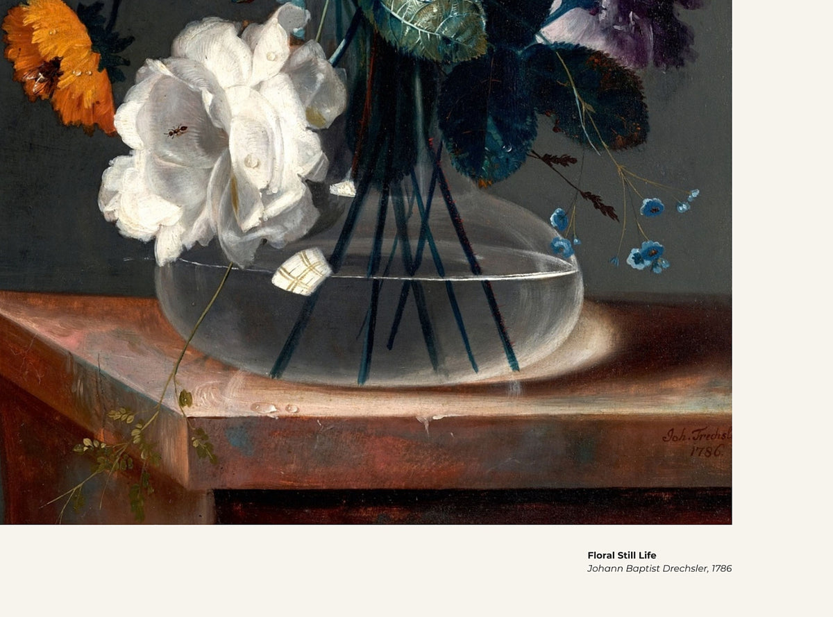 Nature morte aux fleurs – Johann Baptist Drechsler, avec légende titre et artiste