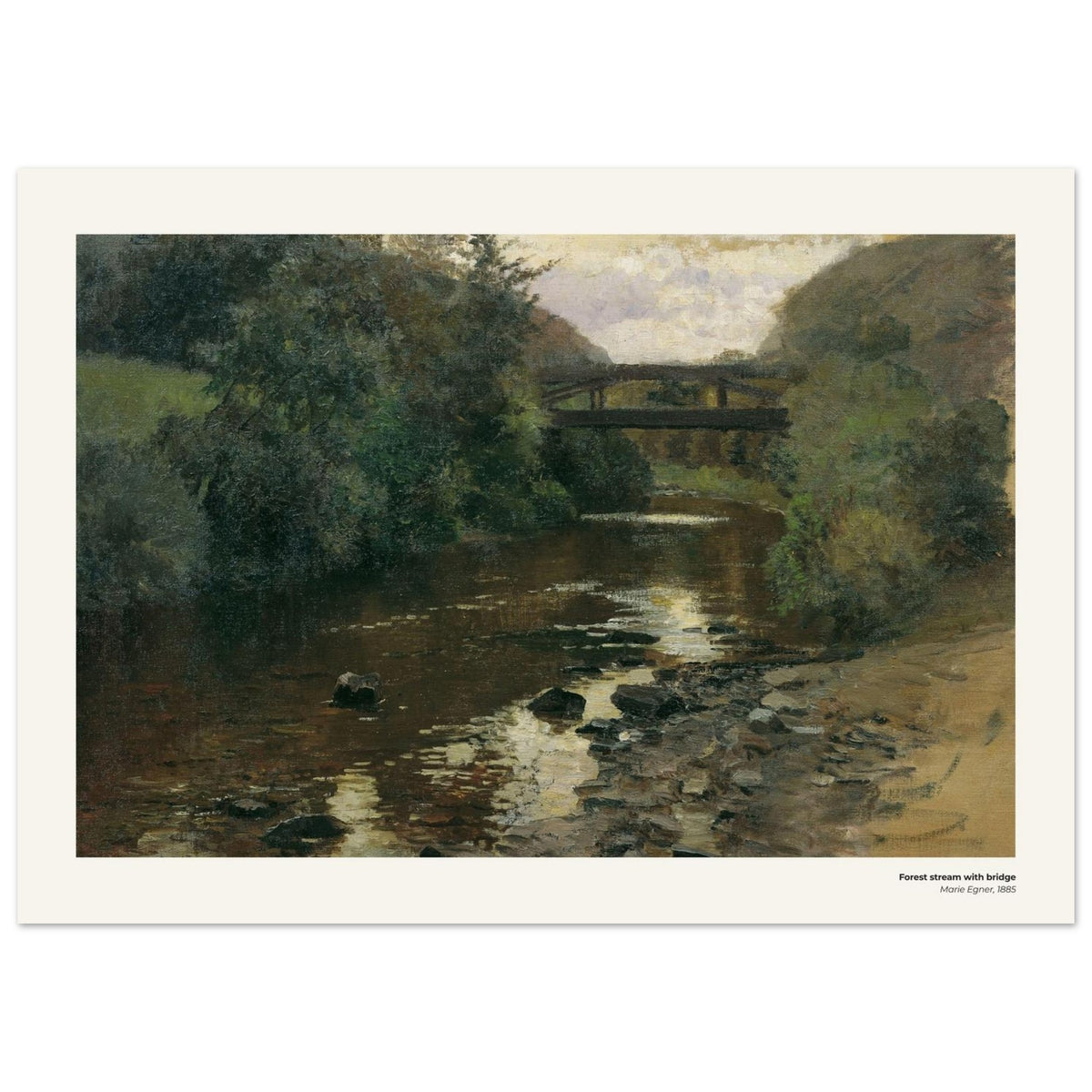 Ruisseau en forêt avec pont – Marie Egner, reproduction d'art