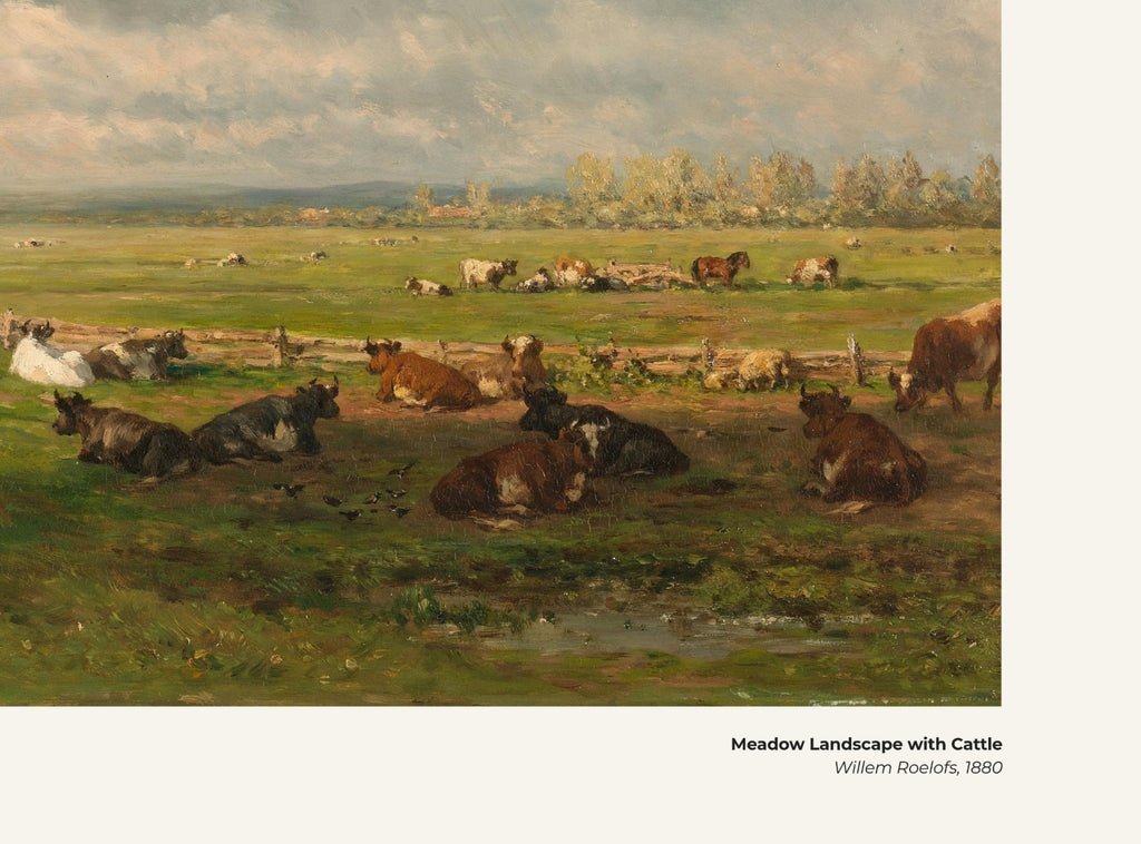 Paysage de prairie avec bétail – Willem Roelofs, avec légende titre et artiste