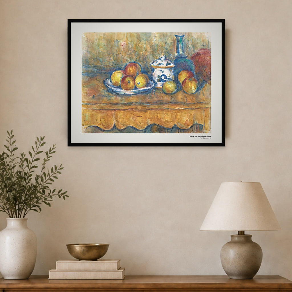 Nature morte à la bouteille bleue et aux pommes – Paul Cézanne, aperçu encadré en situation