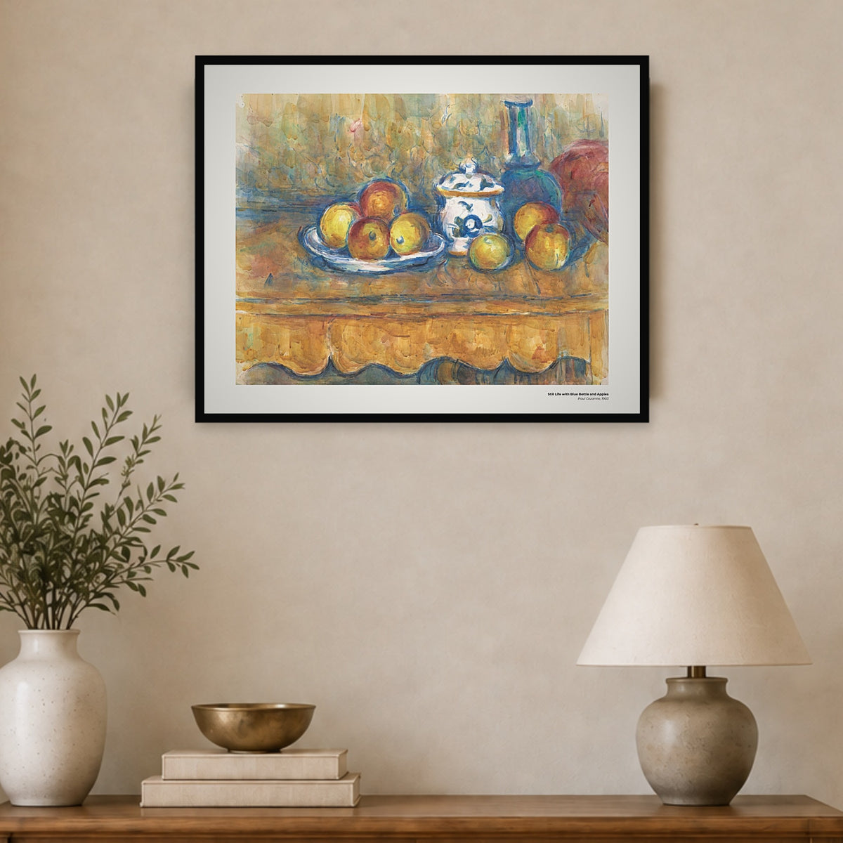 Nature morte à la bouteille bleue et aux pommes – Paul Cézanne, aperçu encadré en situation