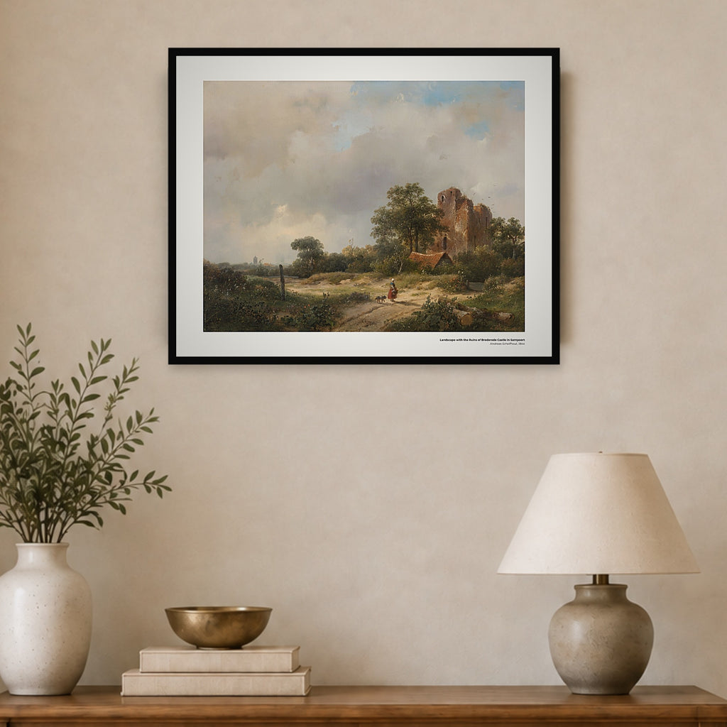 Paysage avec les ruines du château de Brederode à Santpoort – Andreas Schelfhout, aperçu encadré en situation