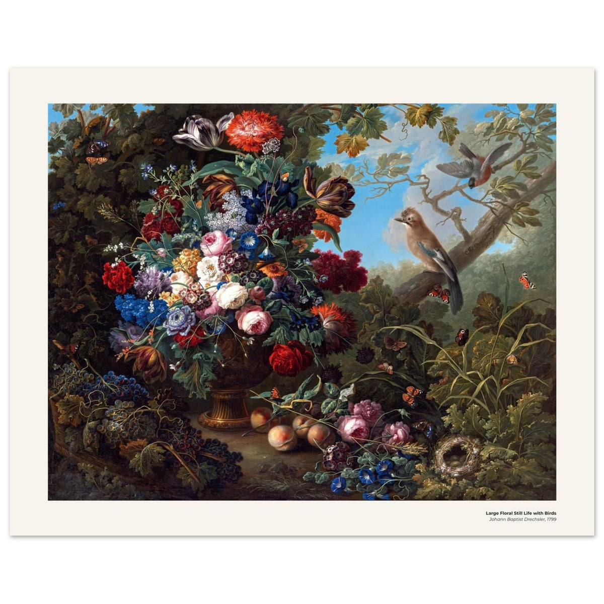 Grande nature morte aux fleurs et aux oiseaux – Johann Baptist Drechsler, détail de la reproduction