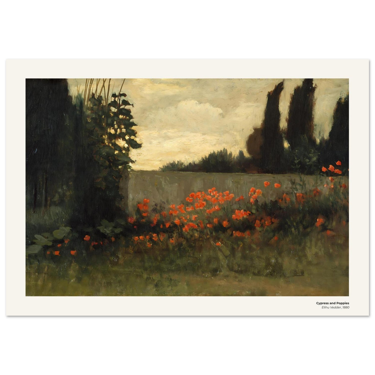 Cyprès et coquelicots – Elihu Vedder, détail de la reproduction