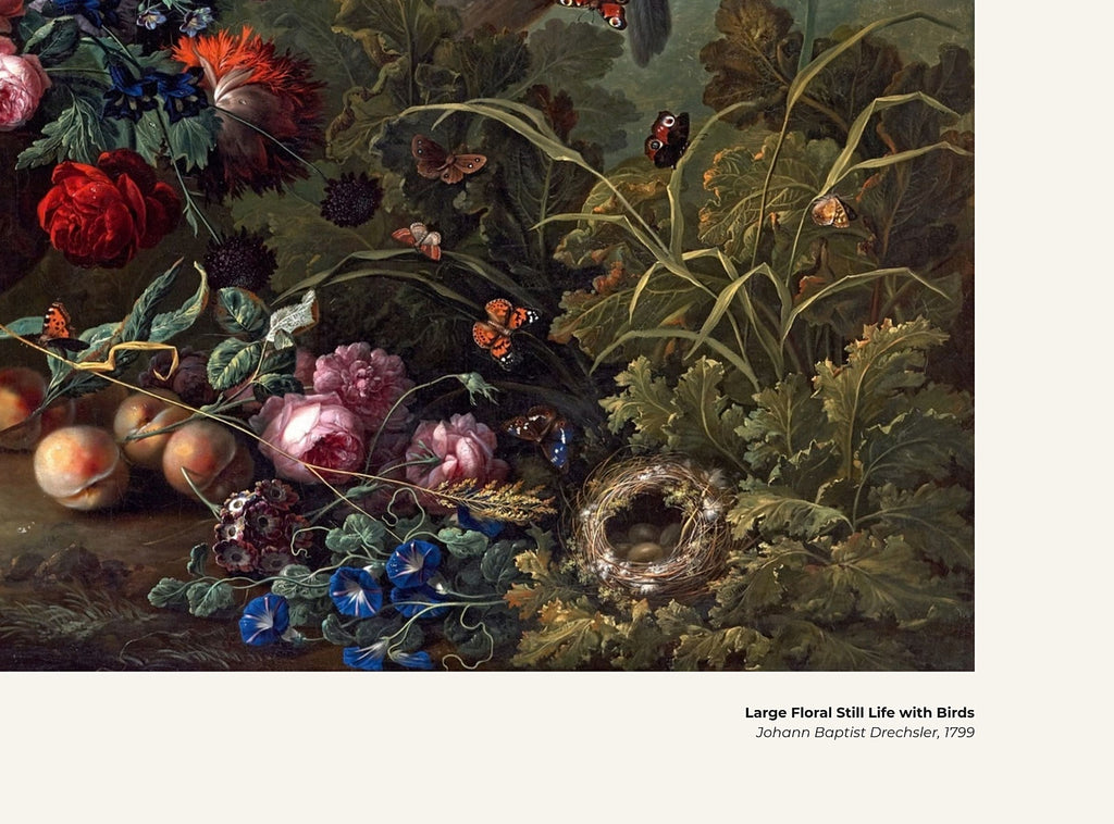 Grande nature morte aux fleurs et aux oiseaux – Johann Baptist Drechsler, avec légende titre et artiste