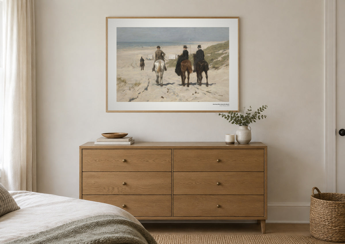 Promenade matinale à cheval le long de la plage – Anton Mauve, aperçu encadré en situation